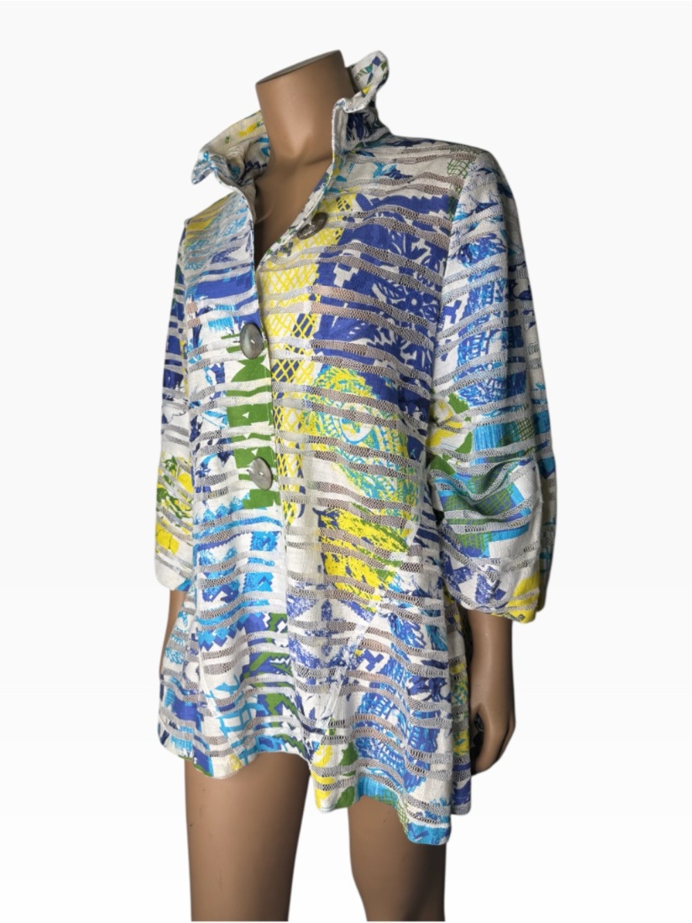 Multiples Blue Green Yellow White Patterned Mother of Pearl Button-Front Tunic